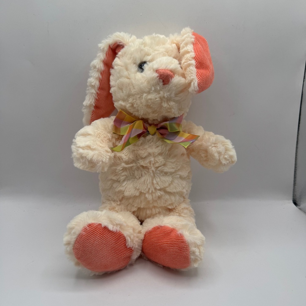Homerbest Plush Bunny Kids 16in Cream Coral Corduroy Ears Plaid Bow HB2025